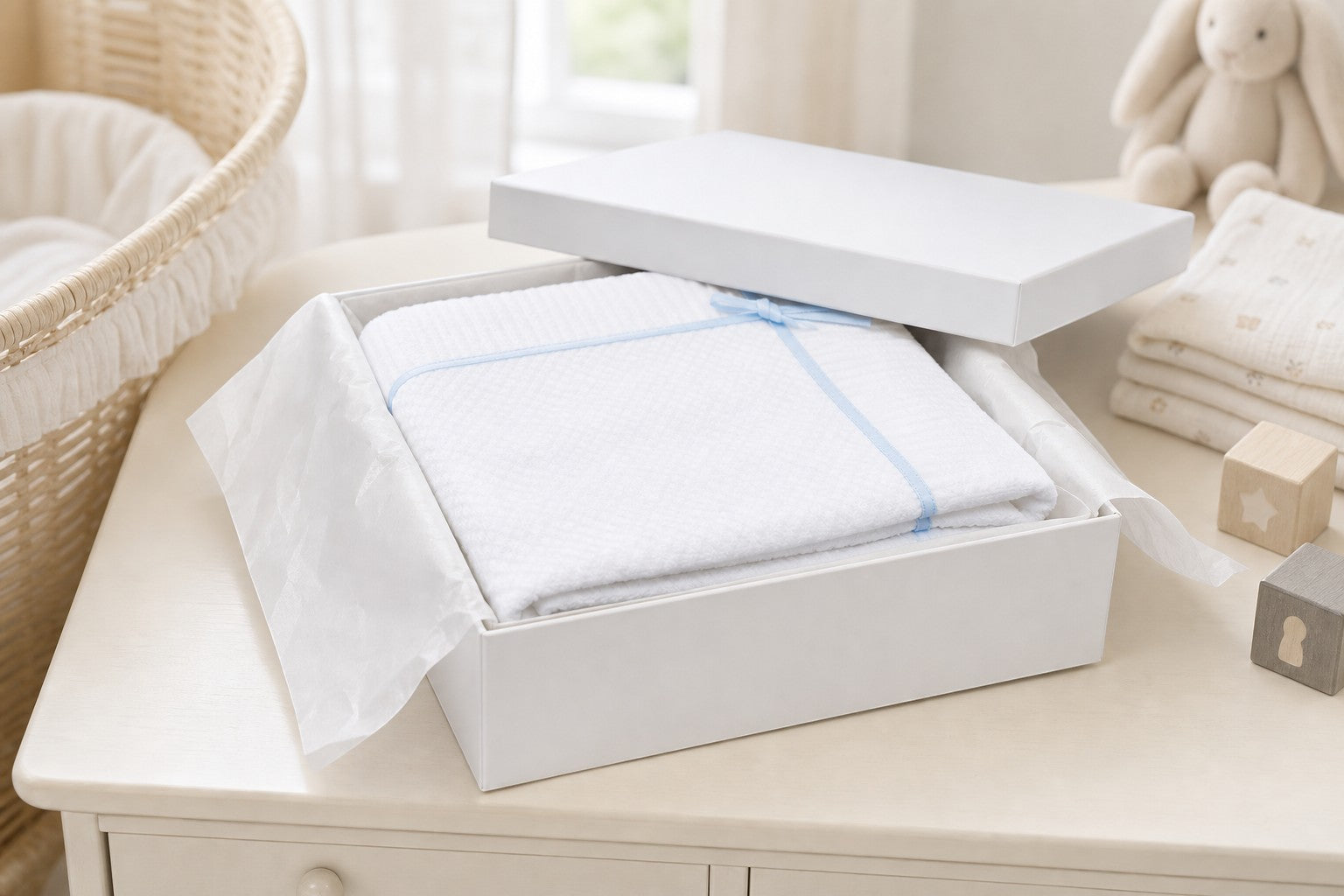 Carriage Boutique white knit baby blanket with blue satin ribbon and bow in a gift box on a nursery table.