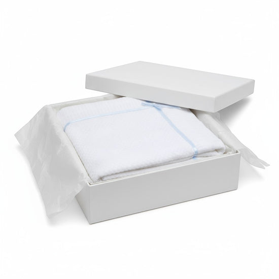 Carriage Boutique white knit baby blanket with blue satin ribbon trim and bow in a gift box