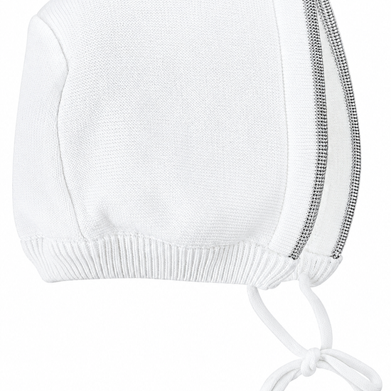Carriage Boutique white knit baby bonnet with silver cross trim for christening and baptism