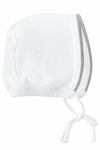 Carriage Boutique white knit baby bonnet with silver cross trim for christening and baptism