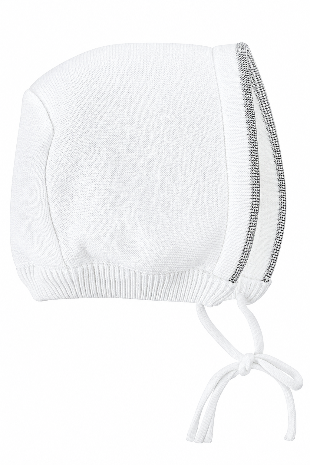 Carriage Boutique white knit baby bonnet with silver cross trim for christening and baptism