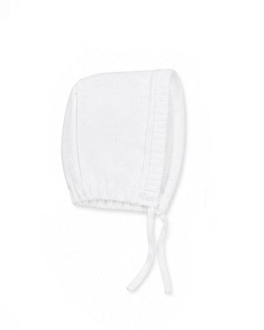 Carriage Boutique white knit cotton baby bonnet with a ribbed trim and tie closure for christening or baptism