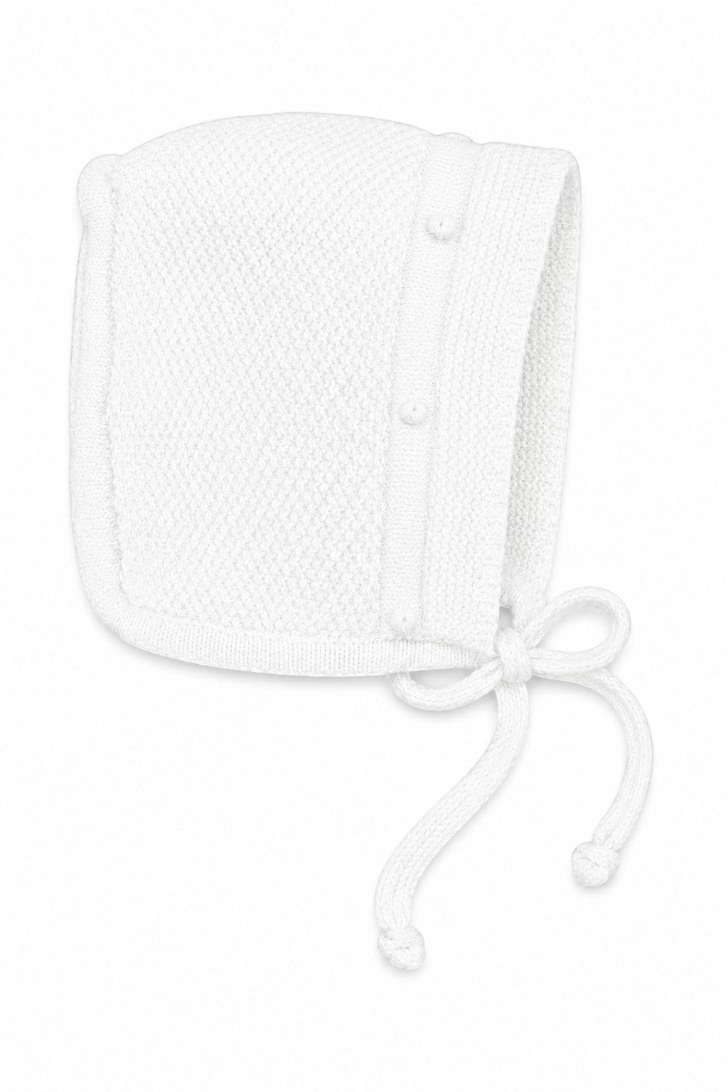 Carriage Boutique white knit baby bonnet with textured pattern and delicate tie closure for a special occasion.