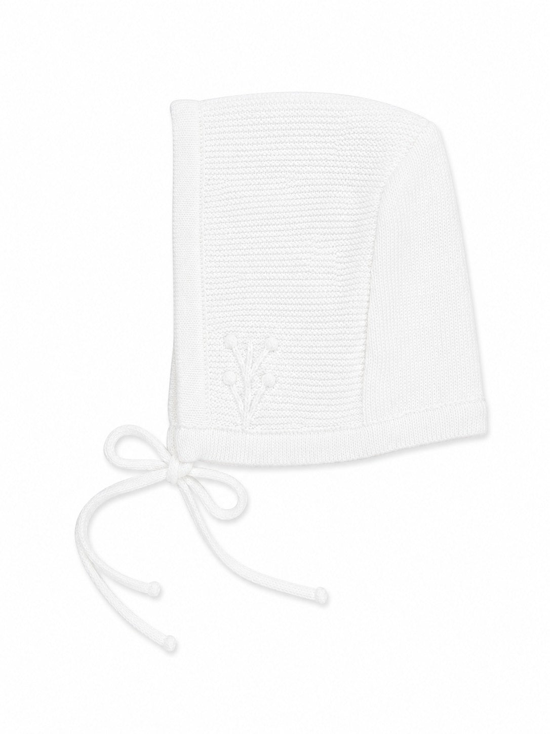 Carriage Boutique white knit baby bonnet with delicate leaf embroidery and tie closure for christening or bris