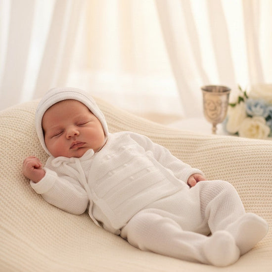 Carriage Boutique white knit 3-piece baby bris outfit with matching bonnet worn by a sleeping newborn