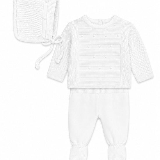 Carriage Boutique white knit 3-piece baby bris outfit featuring a long-sleeve top, footed pants, and matching bonnet.