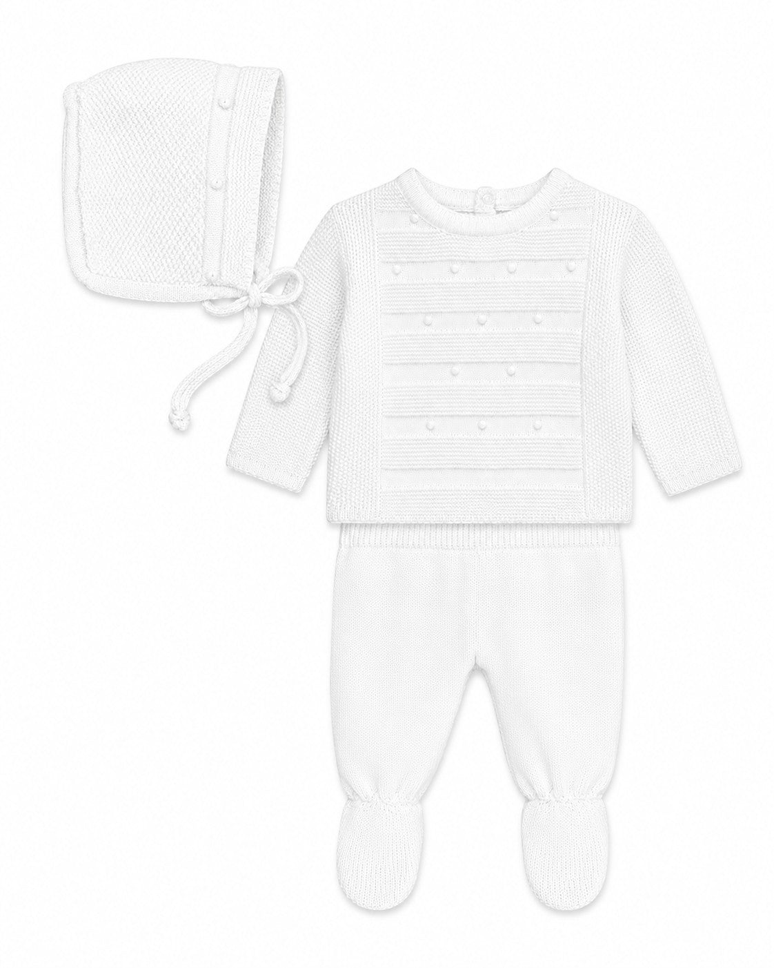 Carriage Boutique white knit 3-piece baby bris outfit featuring a long-sleeve top, footed pants, and matching bonnet.