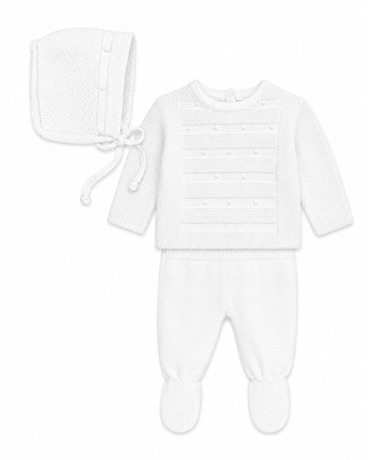 Carriage Boutique white knit 3-piece baby bris outfit featuring a long-sleeve top, footed pants, and matching bonnet.