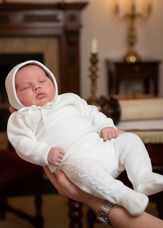 Carriage Boutique white knit baby boy christening romper and matching bonnet with delicate leaf pattern detail
