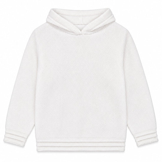 Carriage Boutique white knit baby boy hoodie with hood and zip-back closure, perfect for personalized embroidery.