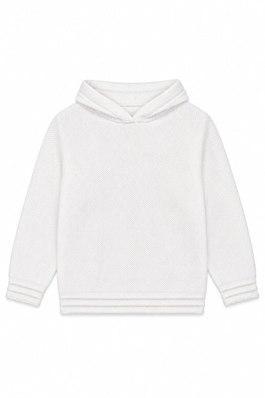 Carriage Boutique white knit baby boy hoodie with hood and zip-back closure, perfect for personalized embroidery.