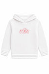 Carriage Boutique white knit baby hoodie with a hood and personalized red monogram embroidery on the chest