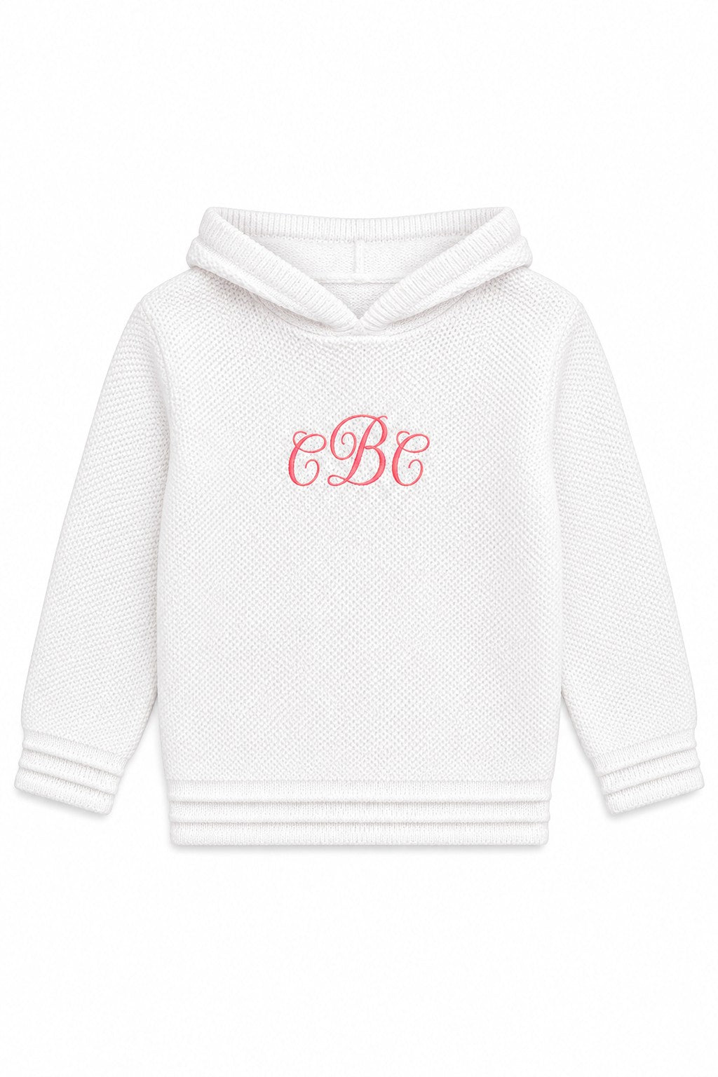 Carriage Boutique white knit baby hoodie with a hood and personalized red monogram embroidery on the chest