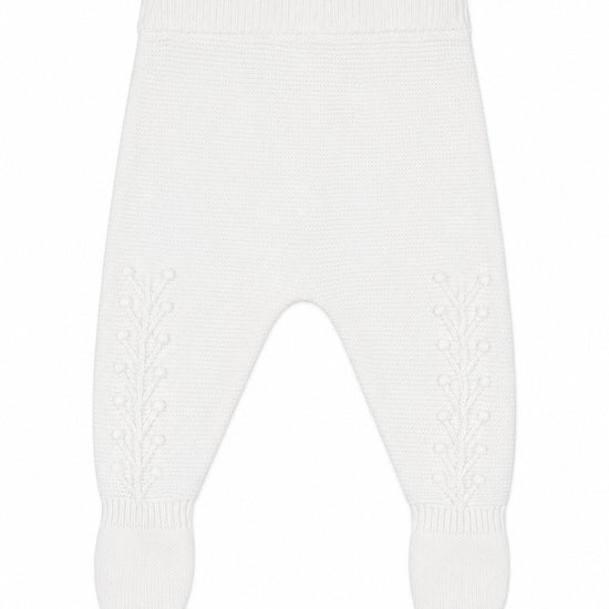 Carriage Boutique white knit baby leggings with delicate leaf pattern detailing for christening or special occasions