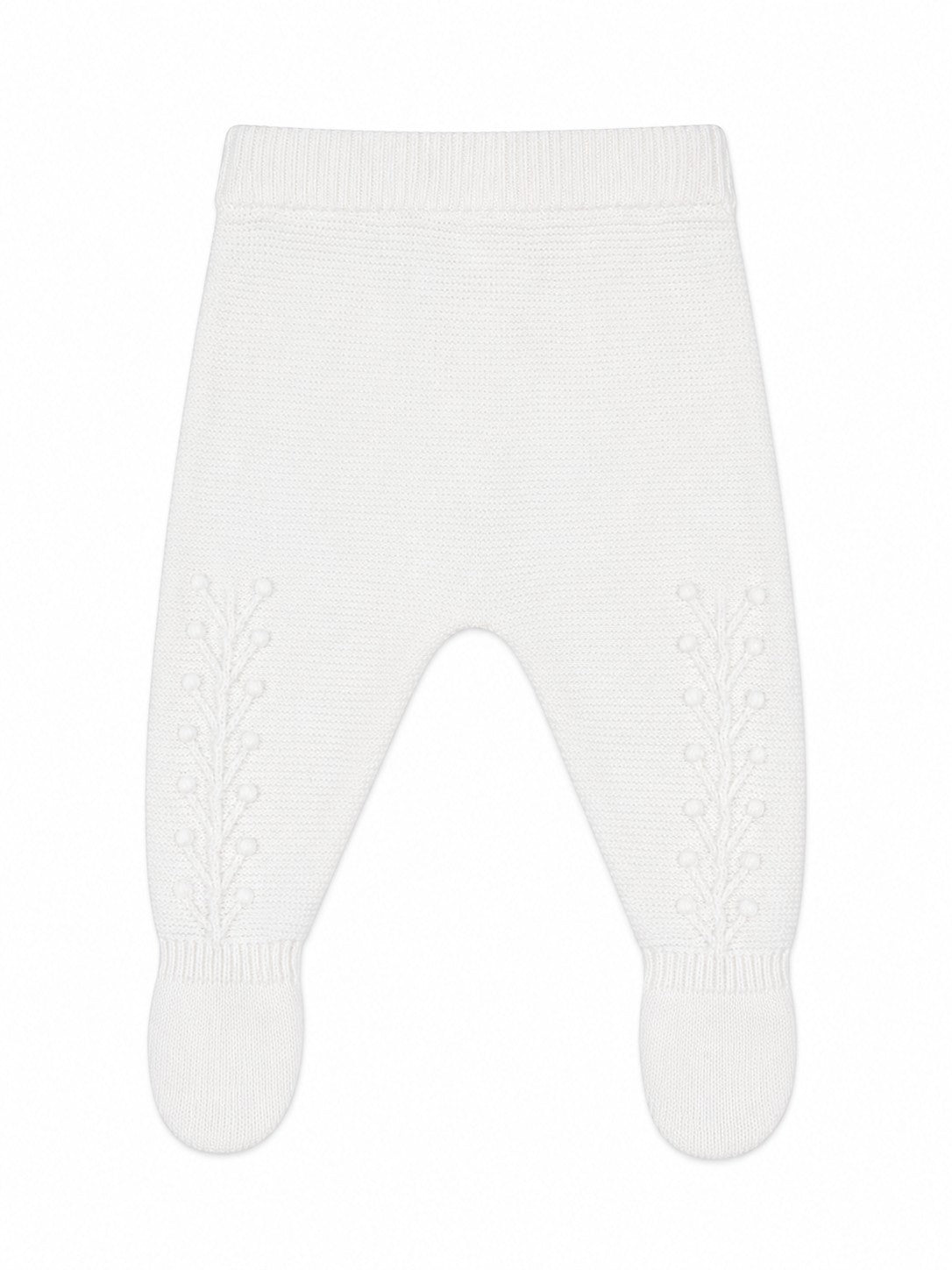 Carriage Boutique white knit baby leggings with delicate leaf pattern detailing for christening or special occasions