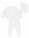 Carriage Boutique white knit baby boy christening outfit with leaf embroidery, long-sleeve top, pants, and bonnet.
