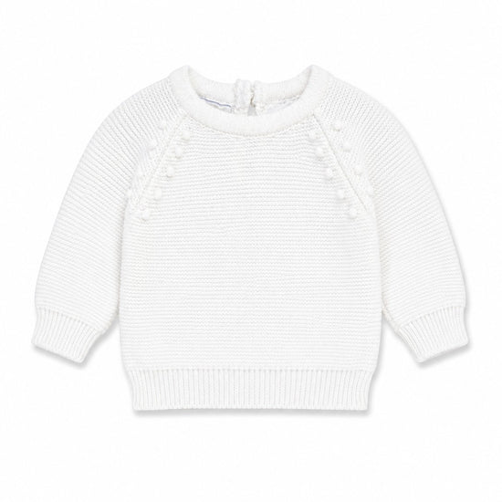 Carriage Boutique white knit baby sweater with delicate leaf and pom-pom detailing for christening or special events