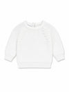 Carriage Boutique white knit baby sweater with delicate leaf and pom-pom detailing for christening or special events