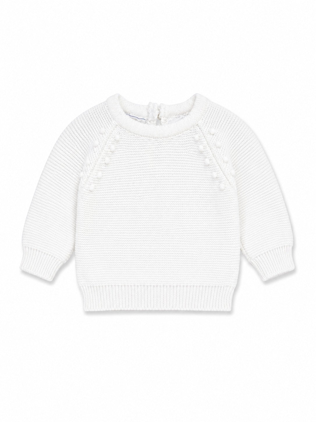 Carriage Boutique white knit baby sweater with delicate leaf and pom-pom detailing for christening or special events