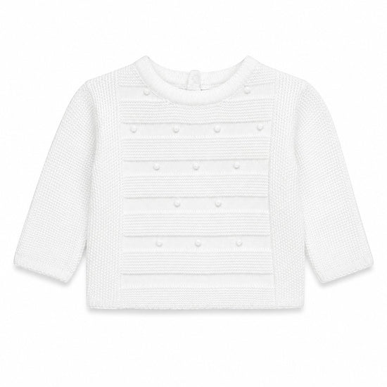 Carriage Boutique white knit baby sweater with textured dot pattern and long sleeves for a special occasion