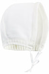 Carriage Boutique white knit baby baptism bonnet with ribbed trim and tie closure