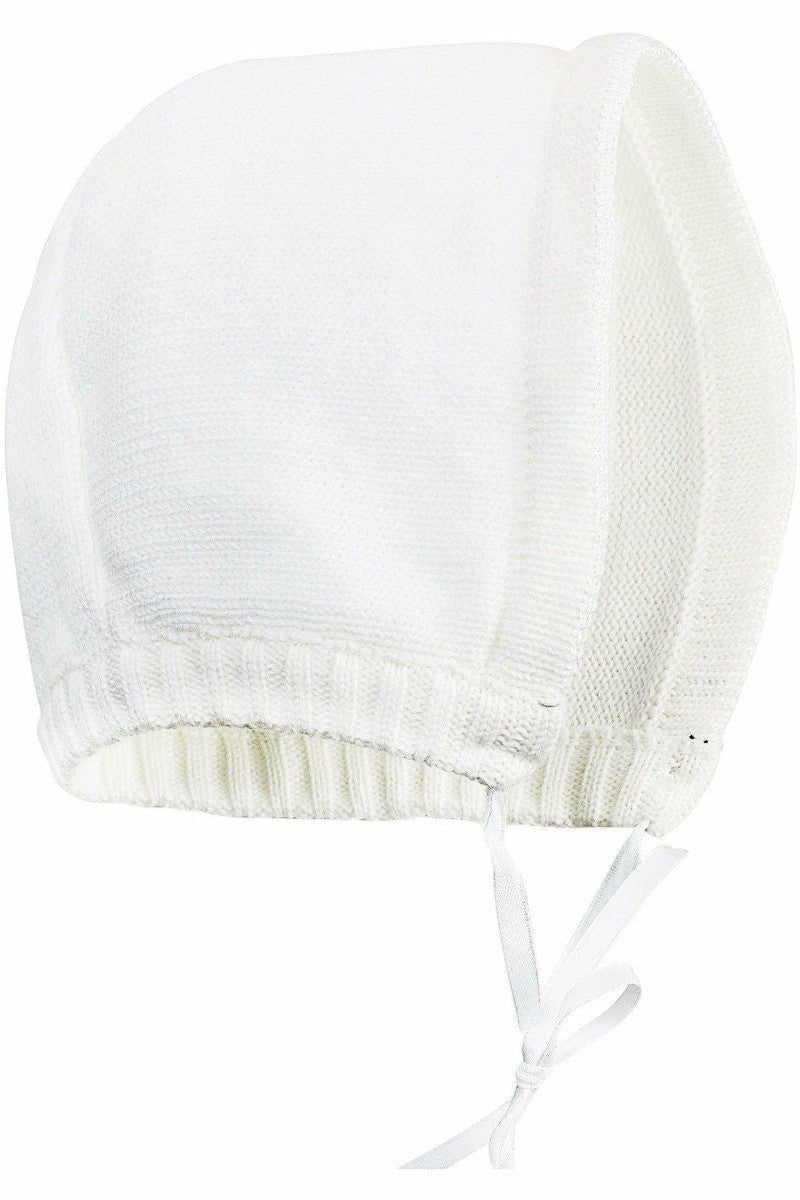 Carriage Boutique white knit baby baptism bonnet with ribbed trim and tie closure