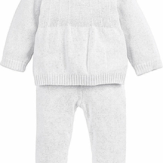 Carriage Boutique white knit baby boy baptism outfit with long sleeves, collared top, and matching knit trousers.