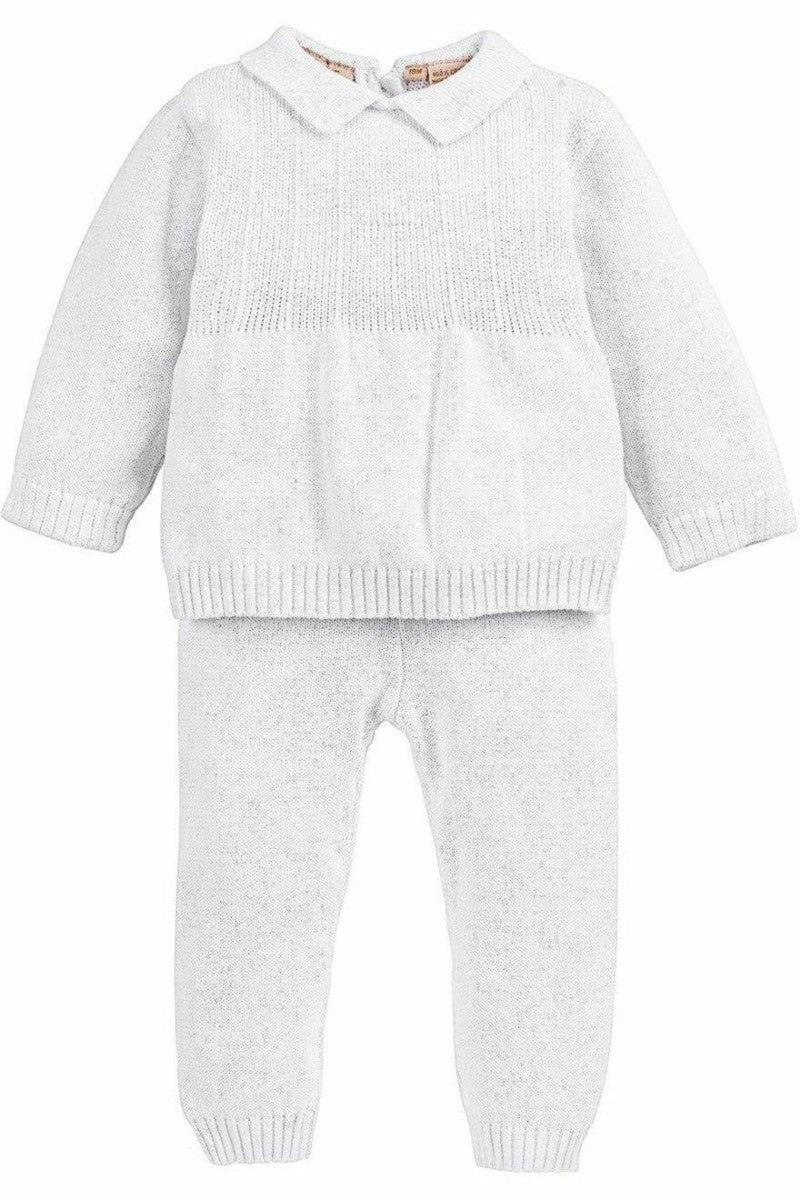 Carriage Boutique white knit baby boy baptism outfit with long sleeves, collared top, and matching knit trousers.