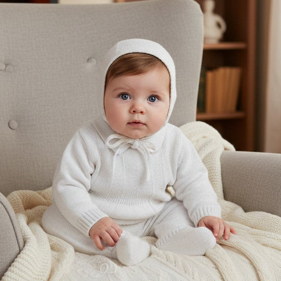 Carriage Boutique baby boy wearing a white knit baptism outfit with a matching bonnet, sitting in a cozy armchair.