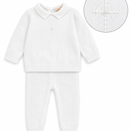 Carriage Boutique white knit baptism outfit for baby boys featuring a pearl cross detail and collared long-sleeve top.