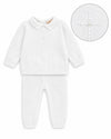 Carriage Boutique white knit baptism outfit for baby boys featuring a pearl cross detail and collared long-sleeve top.
