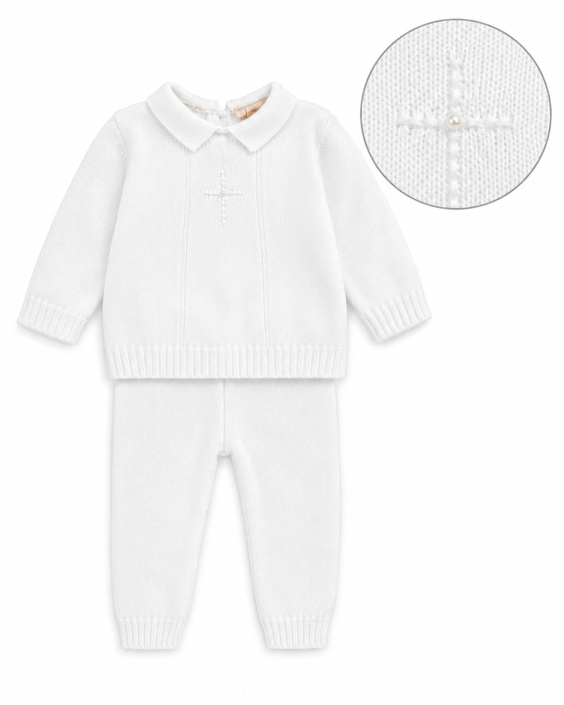 Carriage Boutique white knit baptism outfit for baby boys featuring a pearl cross detail and collared long-sleeve top.