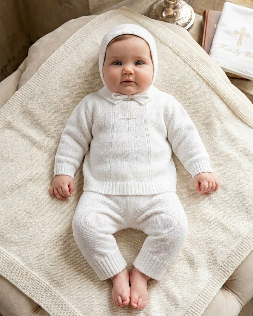 Carriage Boutique baby boy wearing a white knit baptism outfit with pearl cross detail and matching bonnet
