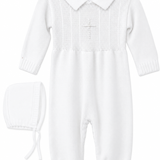 Carriage Boutique white knit cotton baby boy christening outfit with embroidered cross, pearl detail, and matching bonnet