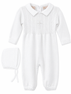 Carriage Boutique white knit cotton baby boy christening outfit with embroidered cross, pearl detail, and matching bonnet