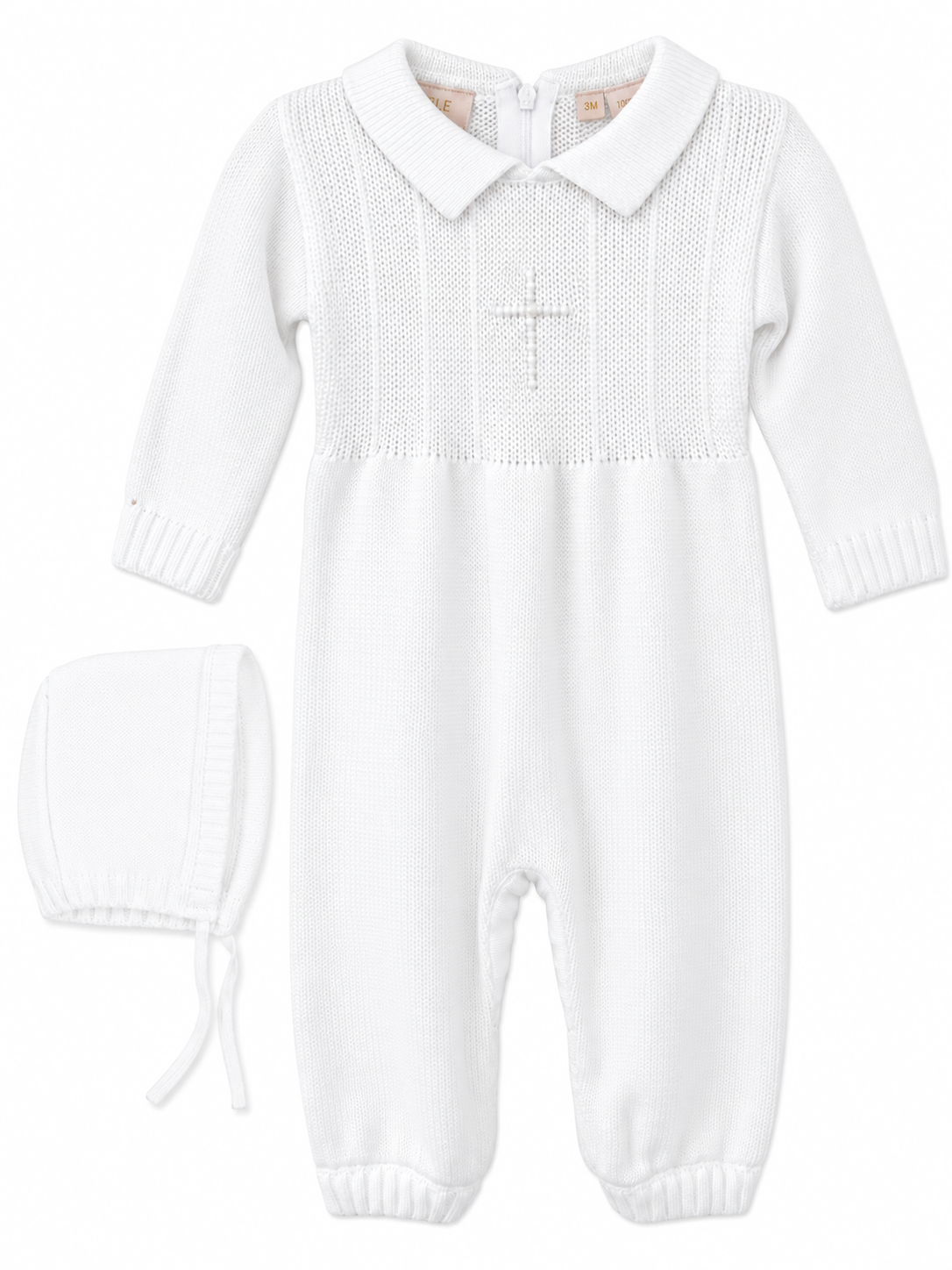 Carriage Boutique white knit cotton baby boy christening outfit with embroidered cross, pearl detail, and matching bonnet