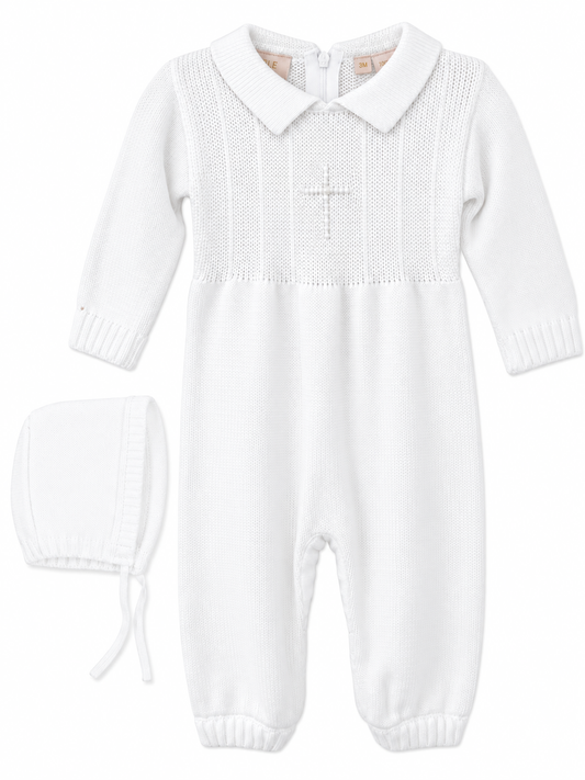 Carriage Boutique white knit cotton baby boy christening outfit with embroidered cross, pearl detail, and matching bonnet