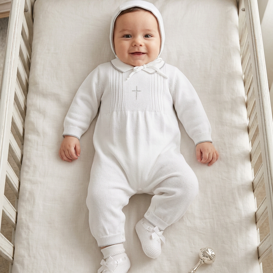Baby boy wearing a Carriage Boutique white knit christening romper with silver cross embroidery and matching bonnet.