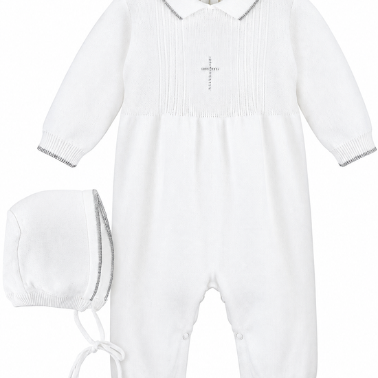 Carriage Boutique white knit baby boy christening romper with silver cross embroidery and matching bonnet