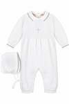 Carriage Boutique white knit baby boy christening romper with silver cross embroidery and matching bonnet