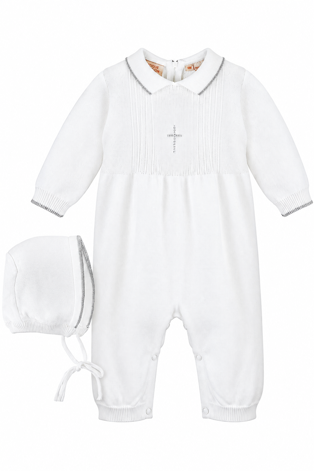 Carriage Boutique white knit baby boy christening romper with silver cross embroidery and matching bonnet