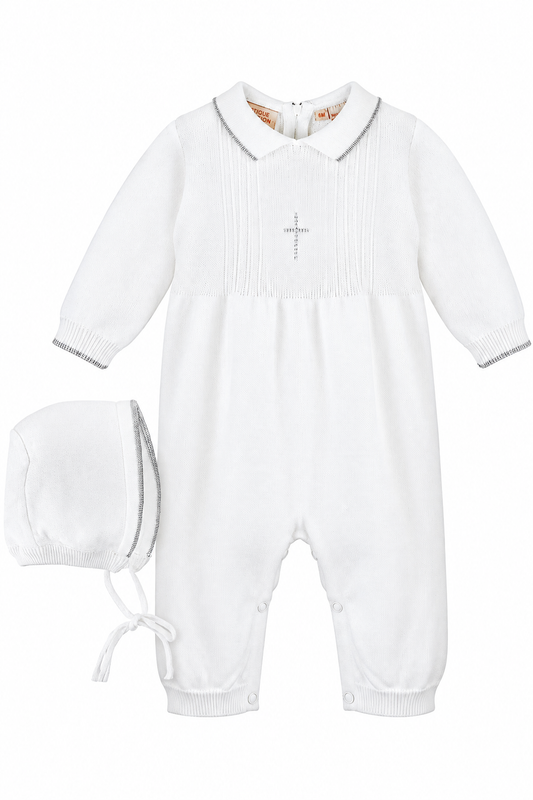 Carriage Boutique white knit baby boy christening romper with silver cross embroidery and matching bonnet