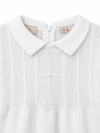 Carriage Boutique white knit cotton christening outfit featuring a collared neckline and embroidered cross with pearl