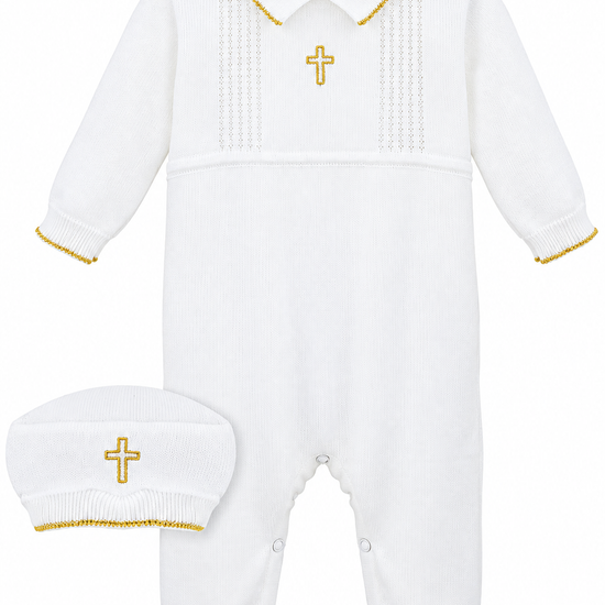 Carriage Boutique white knit christening outfit for baby boys featuring a gold cross motif and matching knit hat.