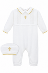 Carriage Boutique white knit christening outfit for baby boys featuring a gold cross motif and matching knit hat.