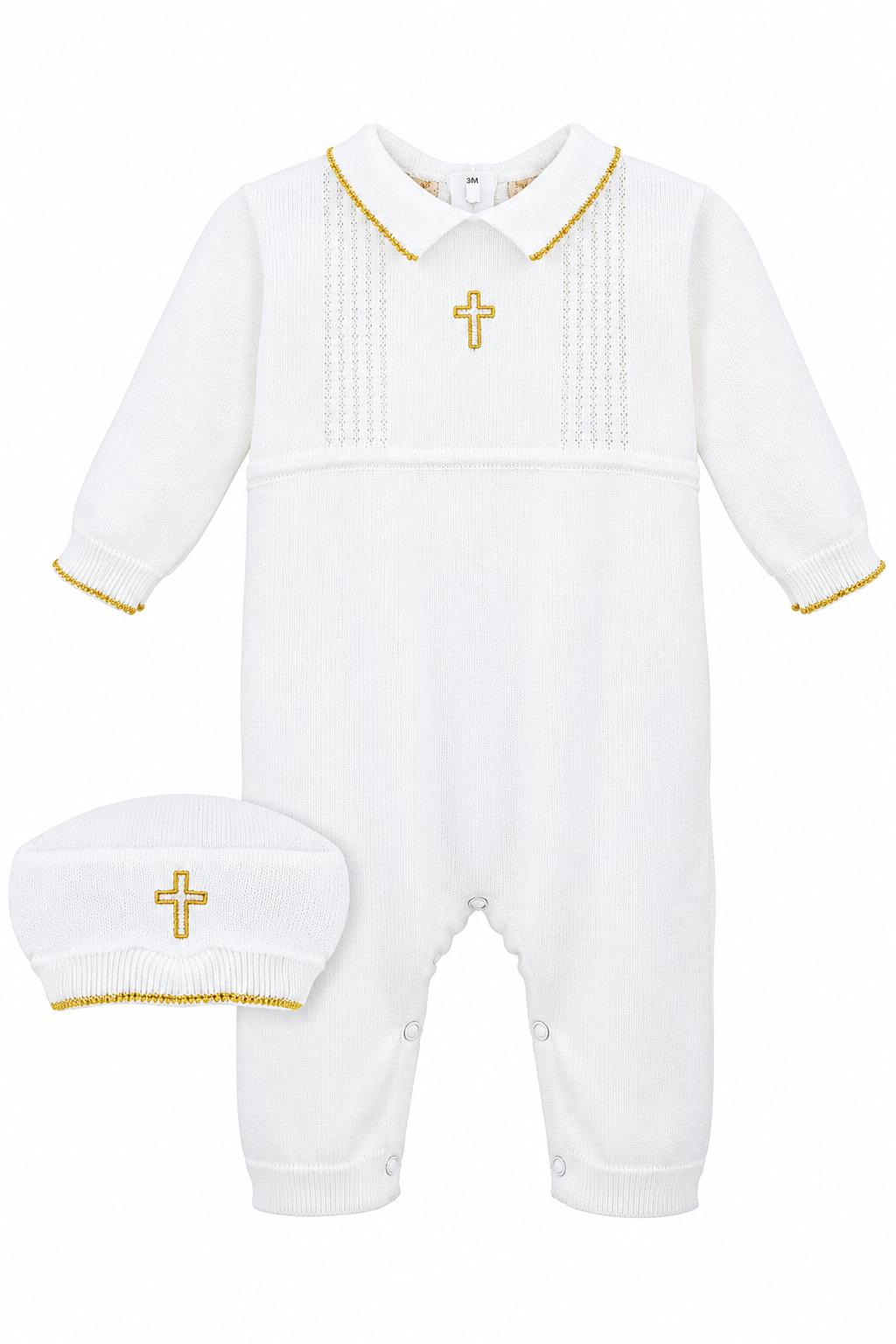 Carriage Boutique white knit christening outfit for baby boys featuring a gold cross motif and matching knit hat.
