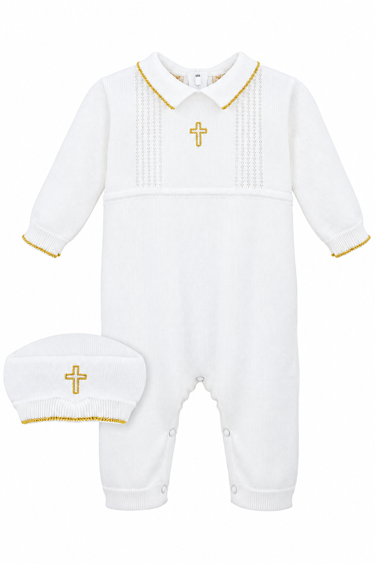 Carriage Boutique white knit christening outfit for baby boys featuring a gold cross motif and matching knit hat.