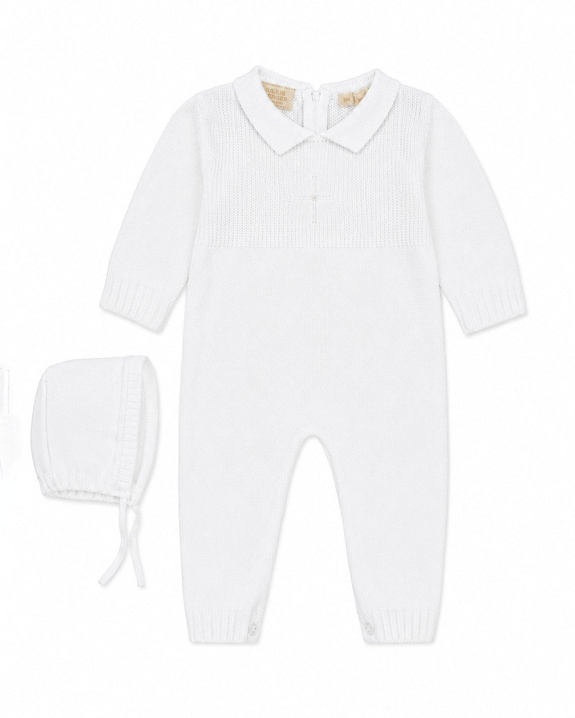 Carriage Boutique white knit cotton baby boy christening romper with matching bonnet and embroidered cross detail