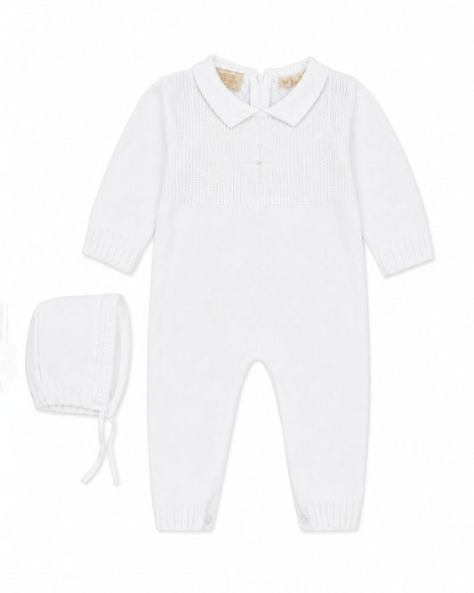 Carriage Boutique white knit cotton baby boy christening romper with matching bonnet and embroidered cross detail