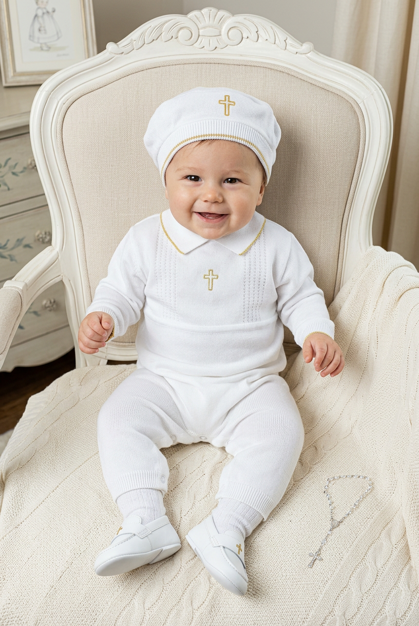 Baby boy wearing a Carriage Boutique white knit christening outfit with gold cross embroidery and matching hat